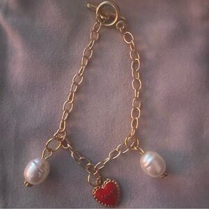 Charm Bracelet Love Heart Pearl Gold Red White New Handcrafted